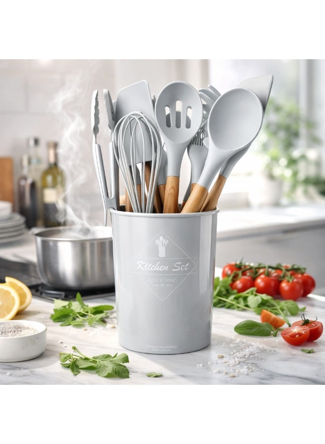 TaimAs Kitchen Utensil Set 12 Pieces Silicone Cooking Tools BPA-Free Heat Resistant Wooden Handle for Nonstick Cookware - Image 4